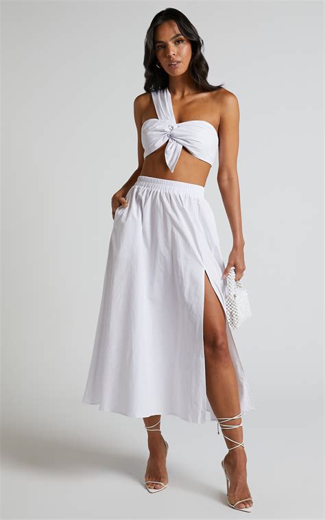 sula two piece set one shoulder bralette crop top and midi skirt in white showpo usa
