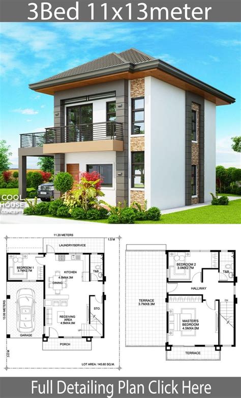 Two Story House Plan With 3 Beds And 1 5 Meters From The Ground Level