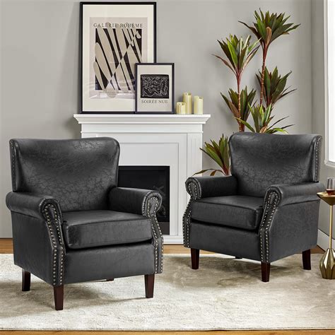 Hulala Home Faux Leather Accent Chairs Set Of 2 With Rolled Armrests And Nailhead Trim