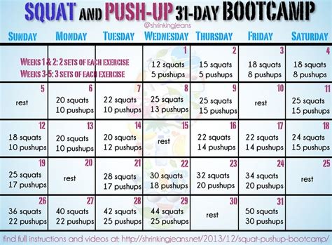 The Squat And Push Up Day Boot Camp Schedule Is Shown In Pink Blue And White