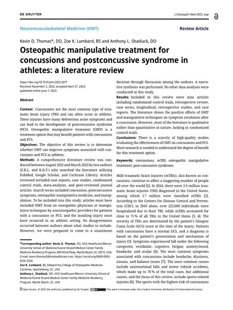 Pdf Osteopathic Manipulative Treatment For Concussions And Postconcussive Syndrome In Athletes