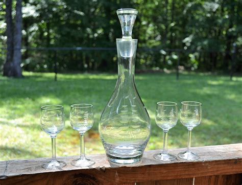Vintage Ship Decanter With Glasses Etched Crystal Glass Nautical Wine Liquor Bottle With Stopper