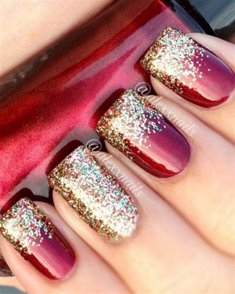 Festive Nail Art Deep Red With Gold And Multicolour Glitter Tips And