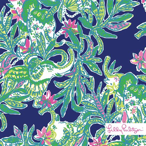 Lilly Pulitzer Print With Green Elephants And Pink Flower Accents On A