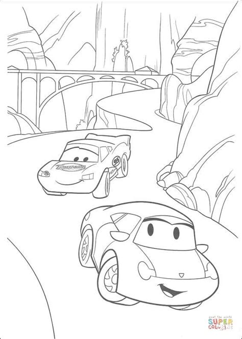 Download Bridge behind McQueen riding on a steep and curvy road coloring page | Free Printable Coloring Pages