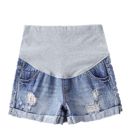 Blue Denim Ripped Hole Roll Up Maternity Shorts 2017 Summer Fashion Clothes For Pregnant Women