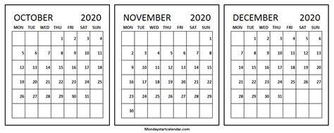 October November December 2020 Calendar Template Excel Pdf Word