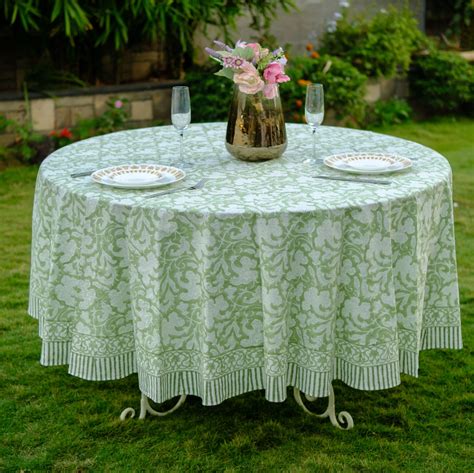 Sage Green Round Tablecloth India Block Print Floral Cotton Etsy