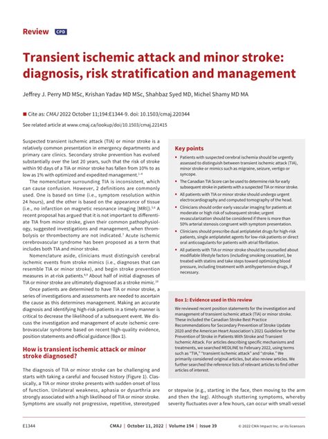 Pdf Transient Ischemic Attack And Minor Stroke Diagnosis Risk