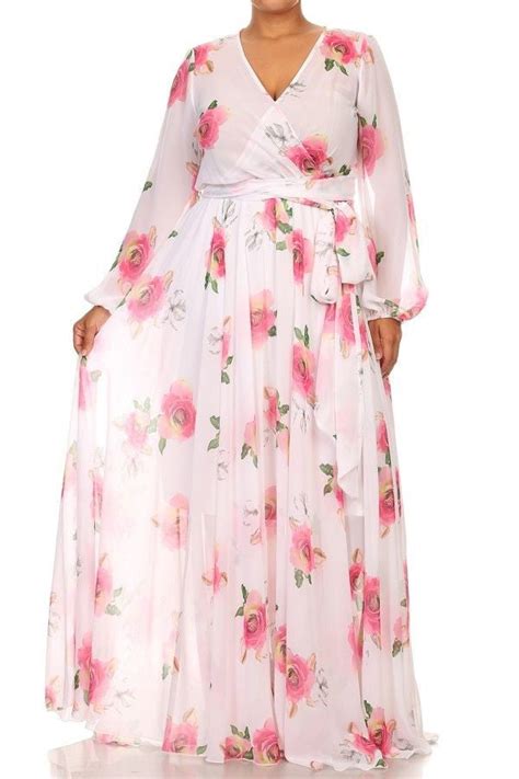 Plus Maxi Dress Floral Chiffon Sheer Wrap Print Long Sleeve Wrap Sweep