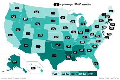 Number Of Prisoners Per 100000 Population In Each Usa State This