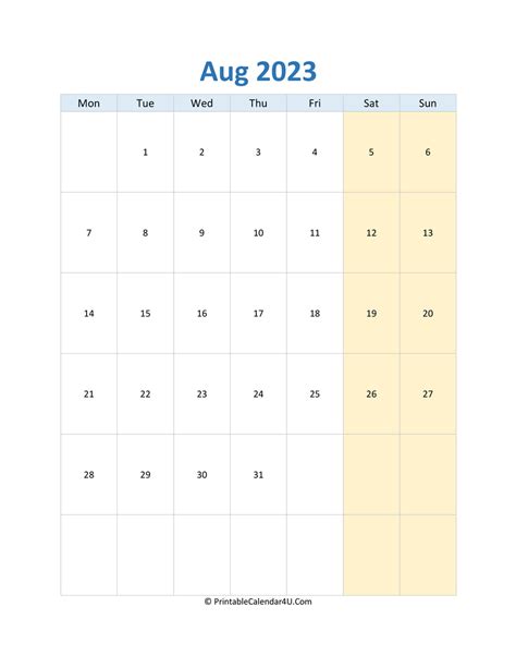 August 2023 Calendar Templates