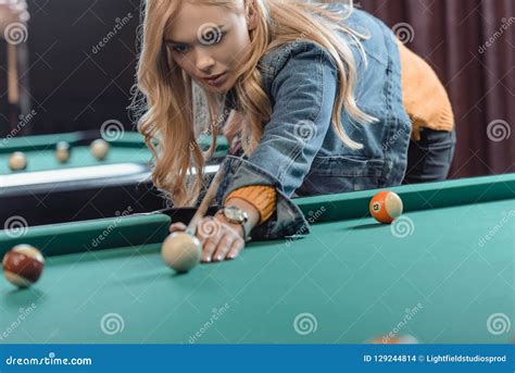 Young Beautiful Caucasian Woman Playing In Pool Stock Photo Image Of