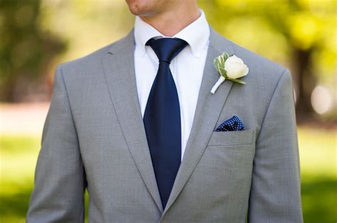 Gray Groom Suit With Navy Tie And Navy Pocket Square
