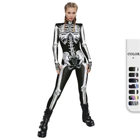 12color Women Cosplay Skeleton Rose Sexy Bodysuit Halloween Punk Mech