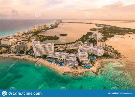 Aerial Panoramic View Of Cancun Beach And City Hotel Zone In Mexico At