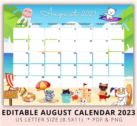 Editable August 2023 Monthly Calendar Printable Kids Summer Etsy Canada