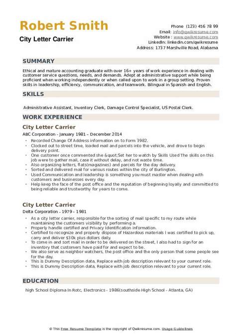 | a carrier is a person or an animal that is infected with a disease and so can make other people or animals ill. City Letter Carrier Resume Samples | QwikResume