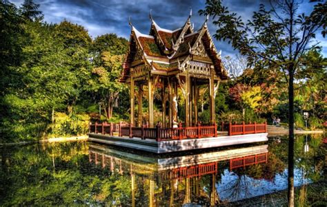 Germany Gardens Pond Pagodas Trees Hdr Sendling Westpark Munich