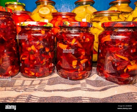 Canned Fruits And Vegetables In Glass Jars Stock Photo Alamy