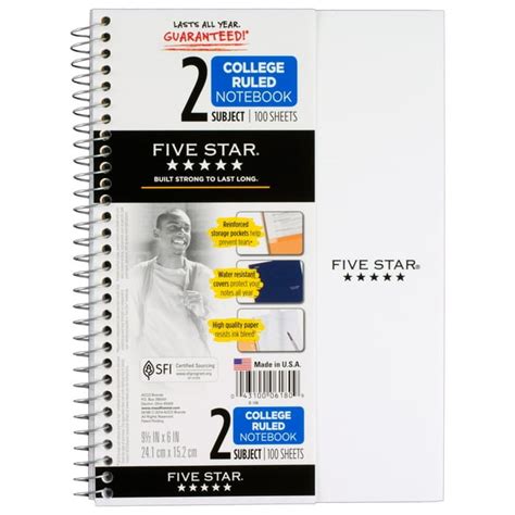 Five Star Wirebound Notebook 2 Sub 100ct Cr White