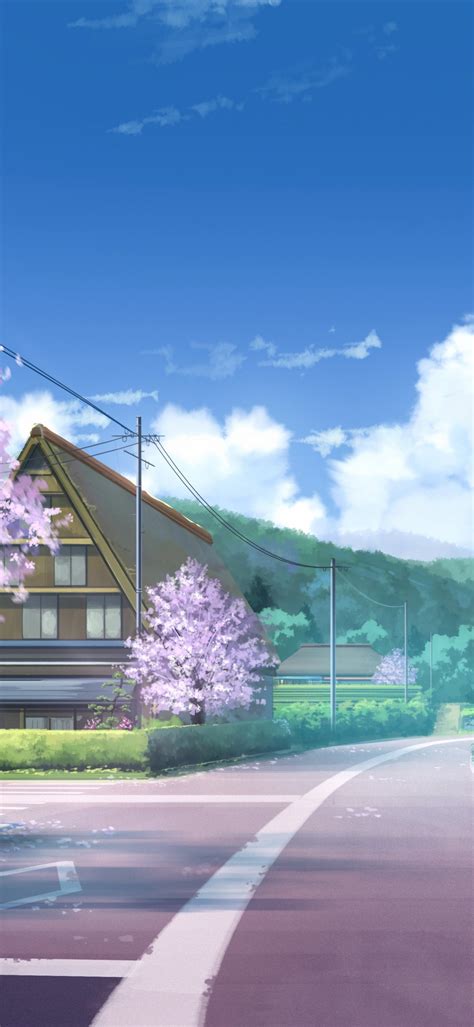 Download 1080x2340 Cherry Blossom Anime Landscape Scenic