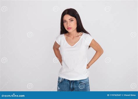 Beautiful Brunette Girl Wearing A White T Shirt Standing Stock Image Image Of Confident Warm