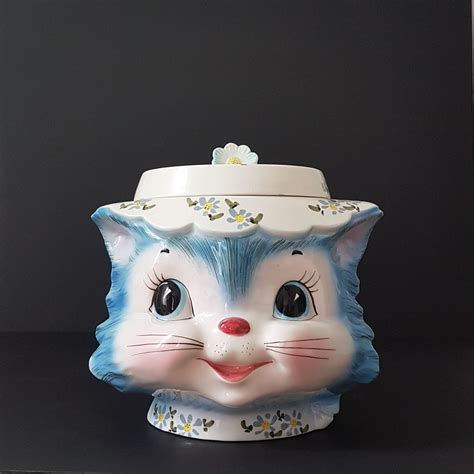 Vintage Lefton Miss Priss Cookie Jar Blue Cat With Floral Etsy