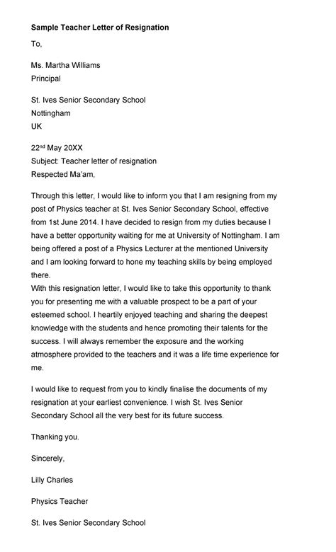 Resignation Letter Personal Reasons Letter To Teacher Resignation