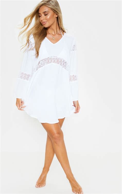 White Oversized Crochet Trim Beach Tunic Prettylittlething Uae