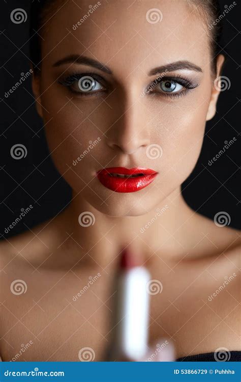 Portrait Of Beautiful Woman With Red Lipstick Red Lips Stock Image Image Of Beauty Beautiful