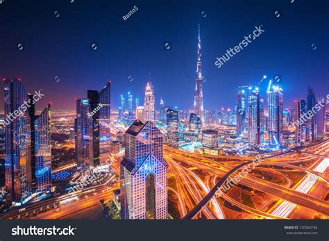 Modern Dubai Skyline After The Sunset With Beautiful City Center Light