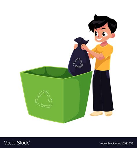 Boy Putting Garbage Bag Into Trash Bin Waste Vector Image