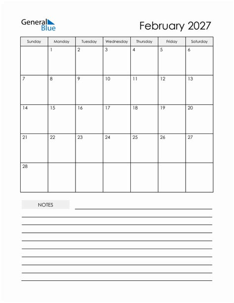 February 2027 Monthly Calendar Pdf Word Excel
