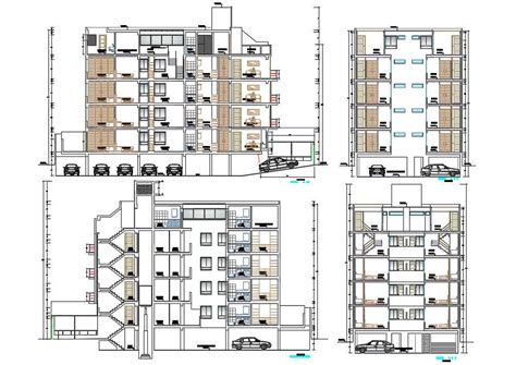 Apartment Building With Basement Parking Sectional Elevation Design Dwg