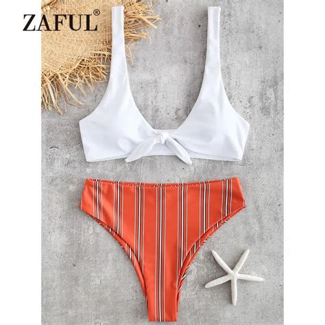 Zaful Knotted Bikini Swimwear Women High Waist Swimsuit Tie Front