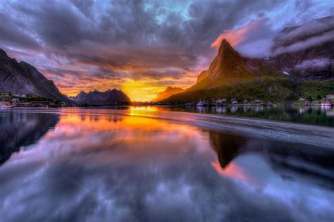 Nature Landscape Mountain Town House Norway Clouds Water Trees