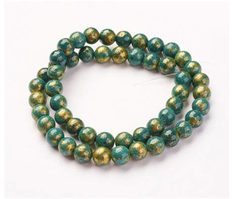 Green With Gold Paint Mountain Jade Beads 8mm Round Golden Age Beads