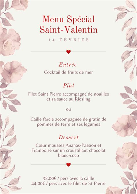 Menu Saint Valentin Auberge Du Moulin