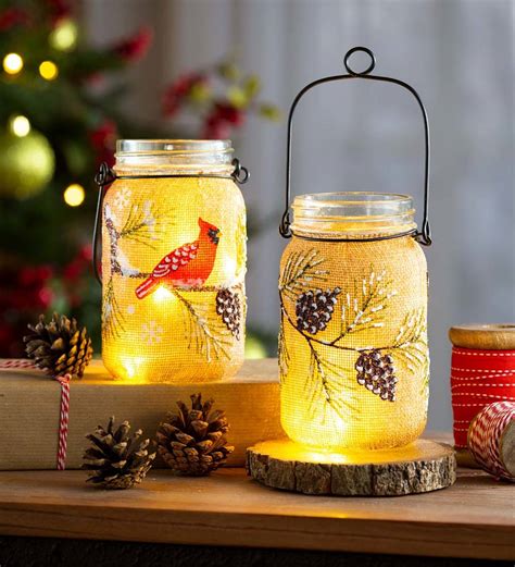 Hand Painted Lighted Holiday Mason Jars With Burlap Wrap Set Of 2