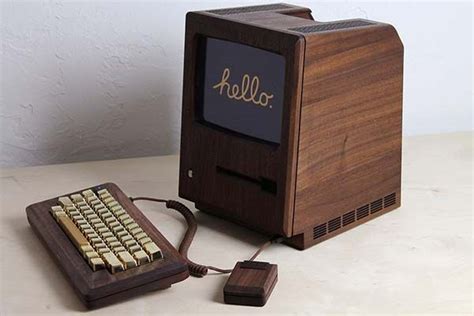 The Macintosh 128k Replica Boasts A Wooden Housing And Gold Keyboard