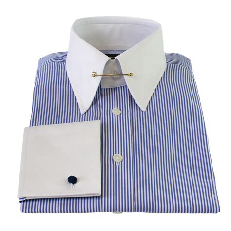 mid blue bengal stripe slim fit pin collar shirt with white collar and cuffs mens high collar