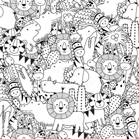 Black And White Seamless Pattern With Adorable Safari Animals Coloring