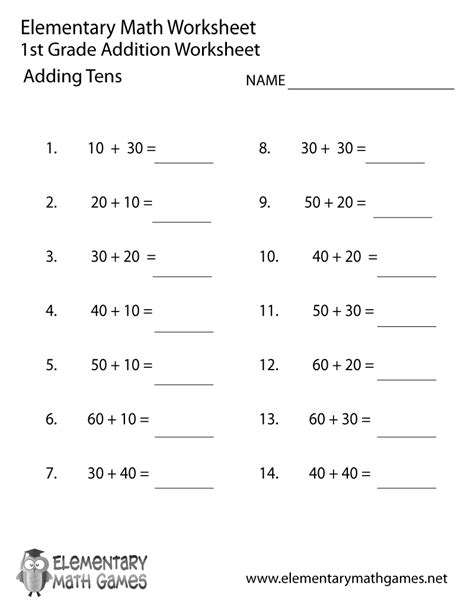 First Grade Adding Tens Worksheet Elementary Math Games