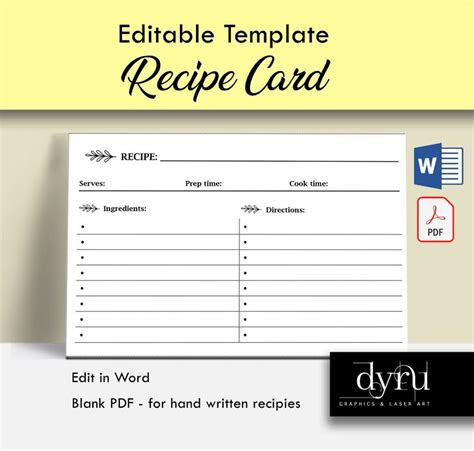 Editable Recipe Card Template Editable In Word Printable 4x6 Etsy