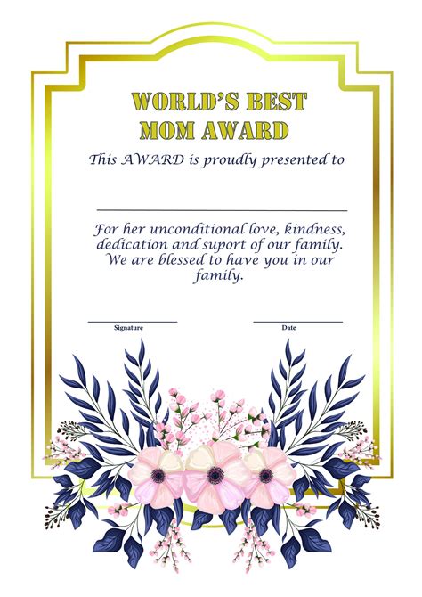 An Award Certificate For A Womans Best Mom With Flowers And Leaves On It