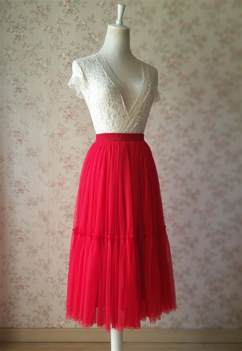 Red Tiered Midi Tulle Skirt Women Lady Full Tulle Midi Skirt Plus Size