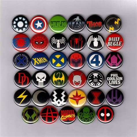 Marvel Comics Logos 1 Pins Buttons Avengers Spiderman Xmen Iron Man