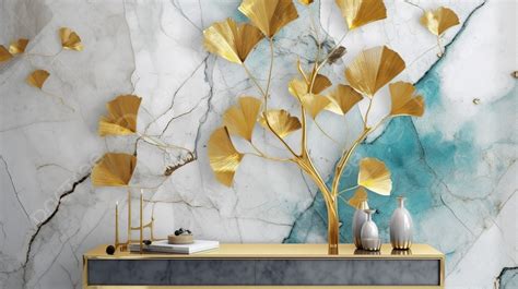 Gold Leaf Tree On A Marble Wall Background 3d Landscape Mural