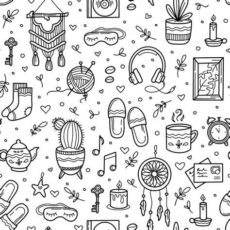 Cozy And Sweet Home Vector Seamless Pattern With Doodle Hand Drawing